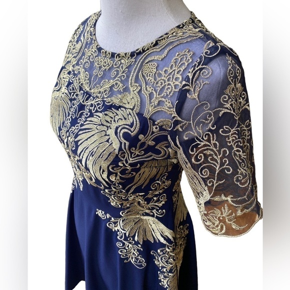 YZXH Yu Zhong Xie Hou Navy Blue and Taupe Lace Embroidered A-Line Dress Size L - Picture 2 of 15